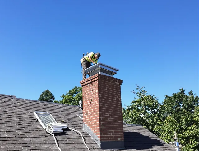 Stonington Chimney Sweep technician measuring a chimney cap in Stonington, CT