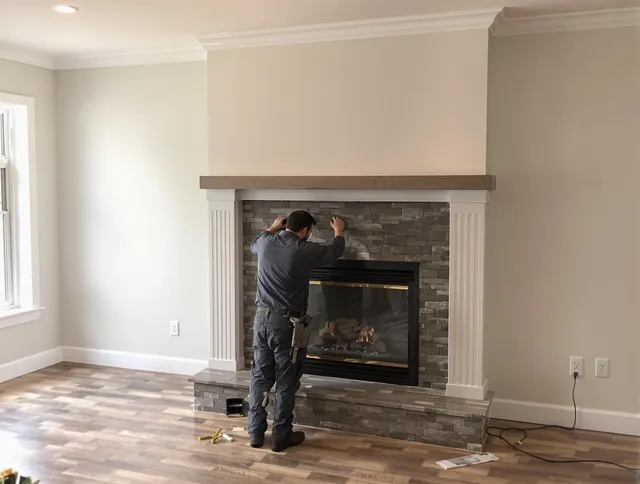 Stonington Chimney Sweep finishing a custom fireplace install in Stonington, CT